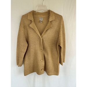 Chico's 100% Cotton Gold Metallic Button Down Open Knit Sweater, Size 3, Holiday